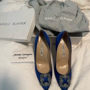 Manolo Blahnik Hangisi Crystal Buckle- Blue satin/clear buckle  size: 39 1/2
